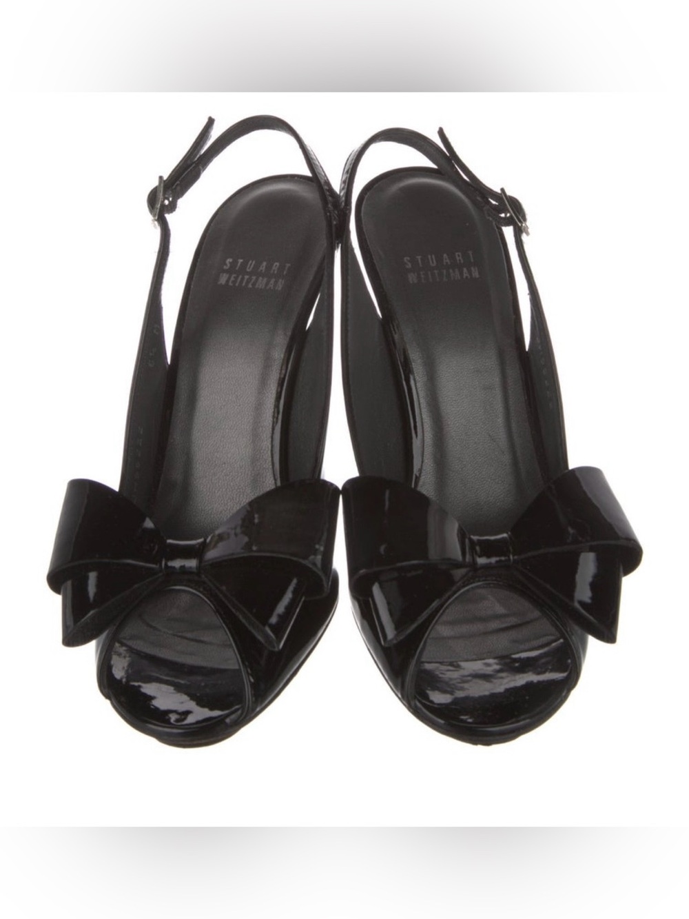Stuart Weitzman Black Patent Peep-Toe Slingbacks with Bow Detail size 6.5